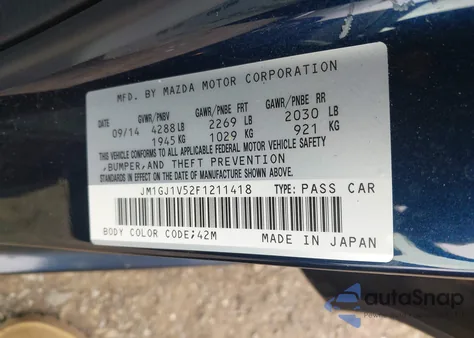 2015 Mazda Mazda6 I Touring z USA, uszkodzony, nr VIN JM1GJ1V52F1211418